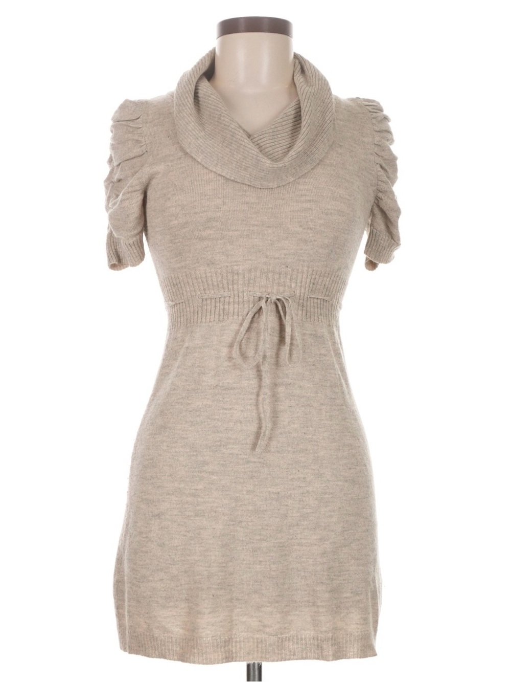 Y2K Cowl Neck Short-Sleeve Knit Sweater with puff sleeves Dress in Beige